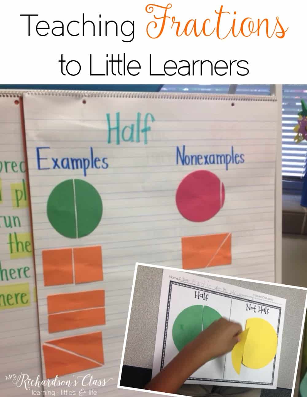 Fraction activities and fraction lesson ideas for kindergarten and first grade--love the book she used and the anchor charts she made with her class! #MathLessons #Fractions