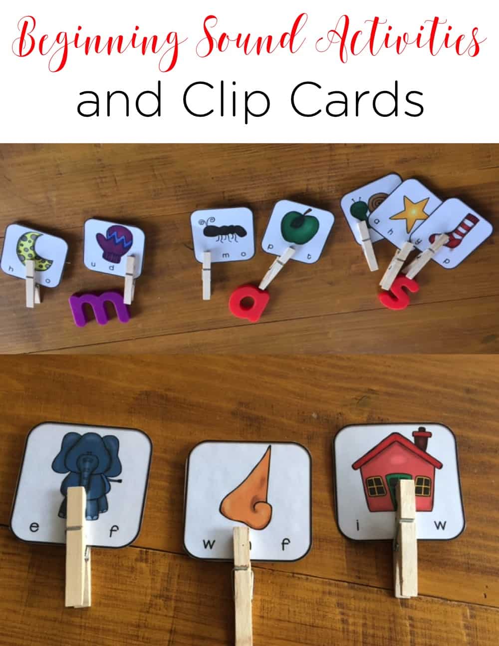 These beginning sound activities are the perfect way to integrate fine motor practice and phonics! The clip cards can be used in a work station, a small group, or during intervention time. #LiteracyCenters #Phonics