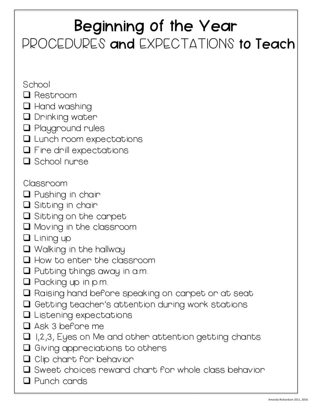 Beginning Of The Year Procedures And Expectations Checklist Mrs