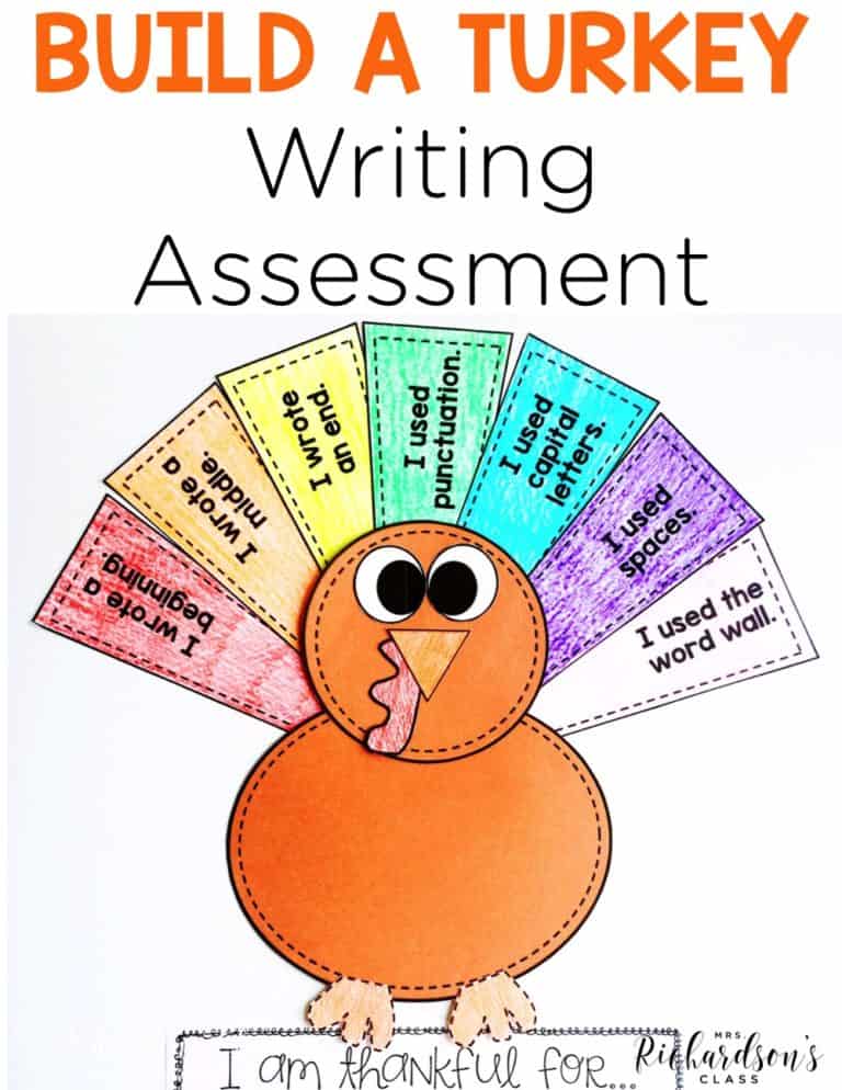 Use this engaging turkey writing prompt and as an assessment, too! Your first grade and kindergarten writers will be thrilled with this fall writing activity. As a teacher, you are able to both assess writing and reteach where needed! Check out the blog post for more details!