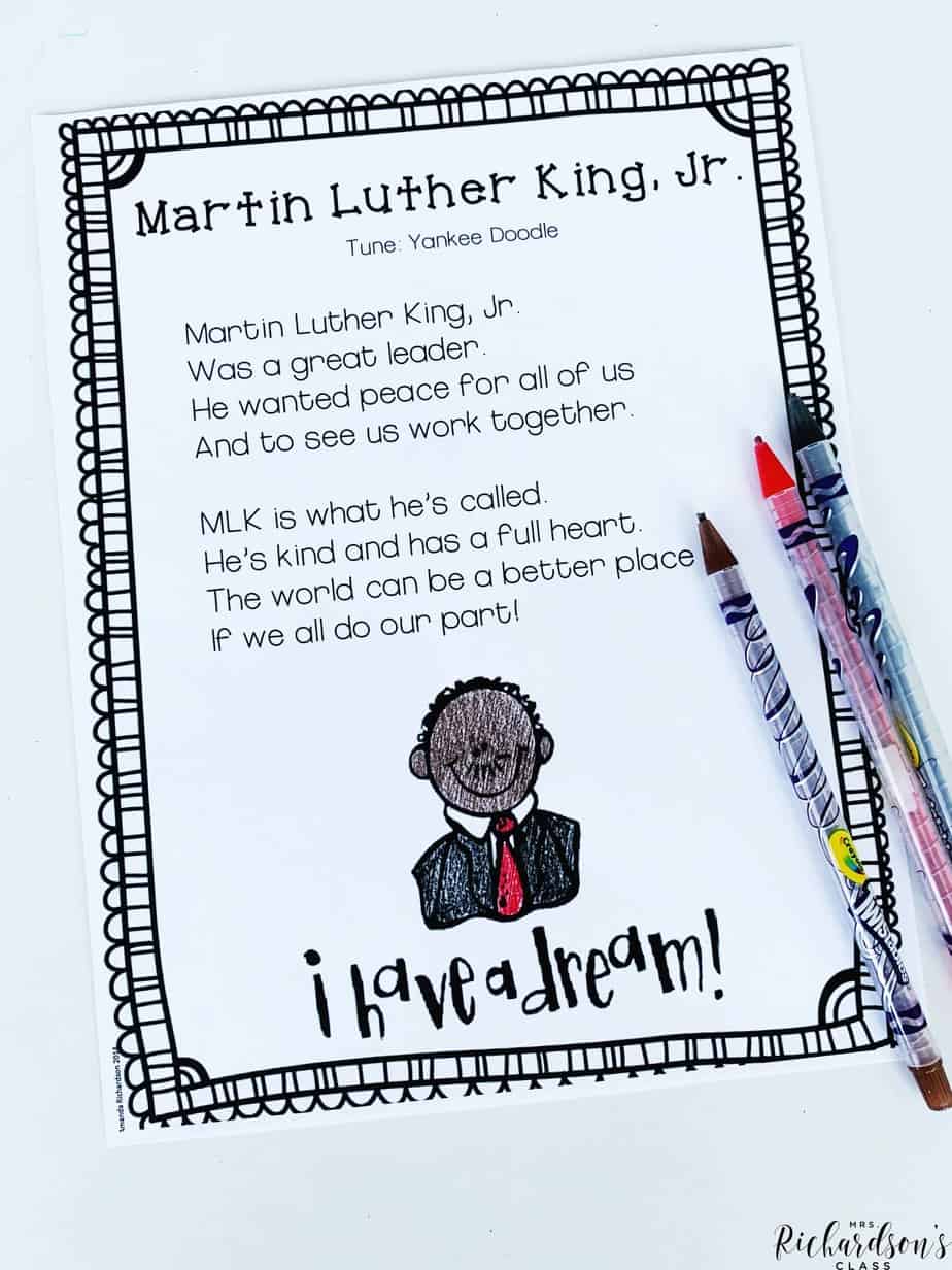 This Martin Luther King, Jr. poem is perfect to use as a shared reading activity with your little readers in kindergarten or first grade. This activity will integrate social studies and help you model and teach important shared reading concepts! Grab it FREE in this post!