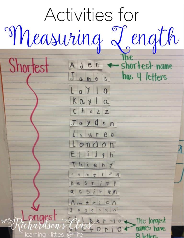 Measuring Length activities that are PERFECT for kindergarten learners! Grab some FREE fun ideas to use, including nonstandard measuring. My students loved this name activity, too! #MathLessons #kindergartenmath