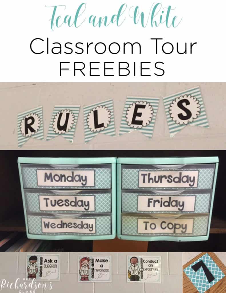 Teal and white classroom freebies that will help you get organized and be set for the year!