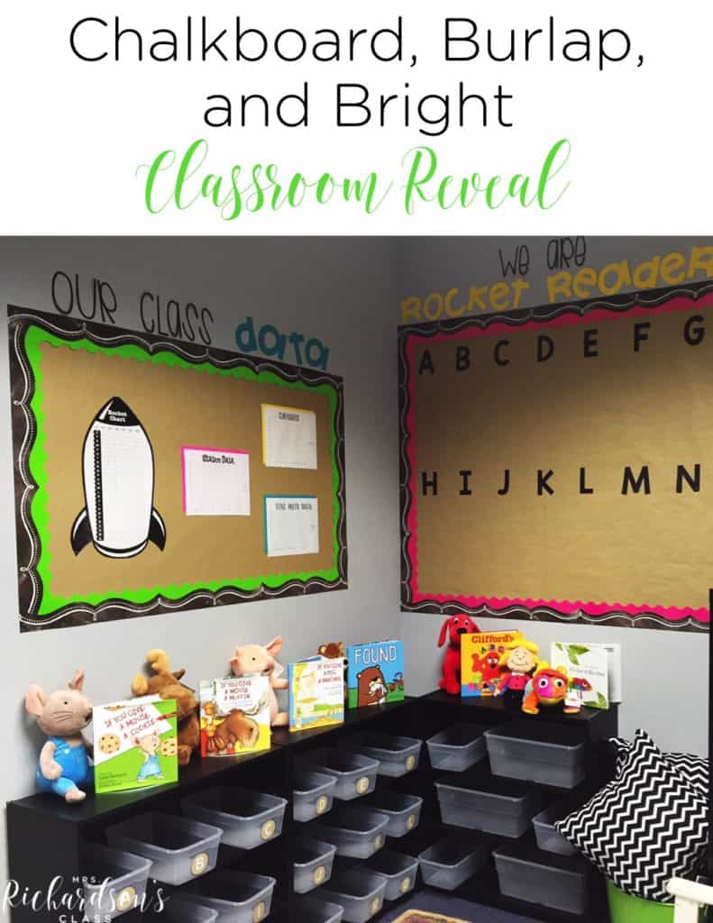 Chalkboard, burlap, and bright classroom decor that is simple and affordable! I love how inviting this learning environment is, too!