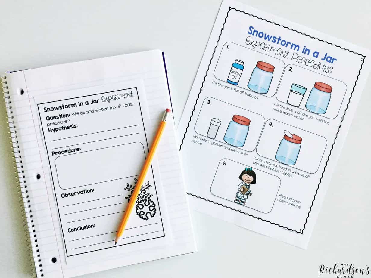 This snowstorm in a jar experiment is loved by students! It's perfect for your classroom as you explore snow activities or season activities for kindergarten or first graders!