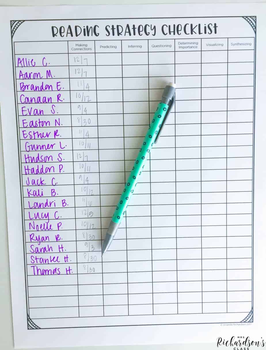 This reading strategy checklist is great to use during interactive read aloud to let yourself know and keep track of when students have displayed an ability to use a reading strategy.