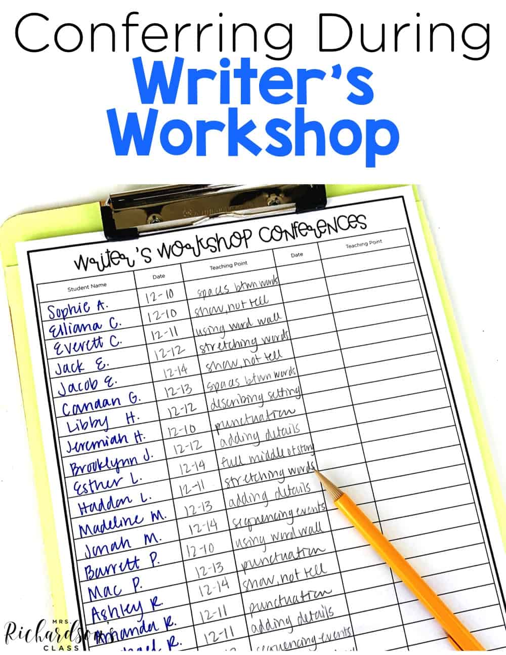 Conferring with students during writer's workshop is the heartbeat of that time. It's your time to listen, praise, and provide guidance! Grab the FREE writer's workshop conference sheet while you are there. 