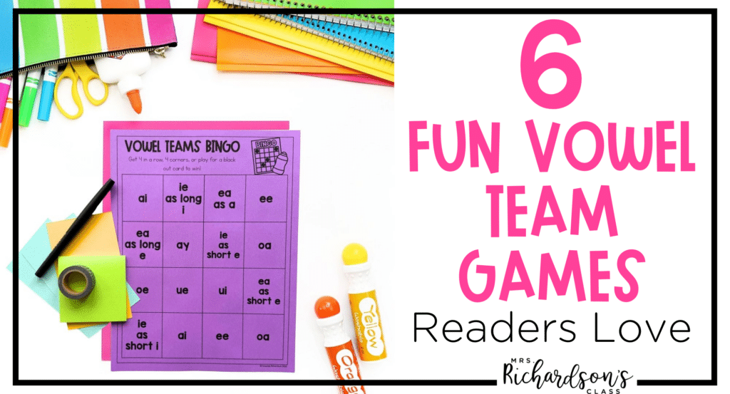 6 Vowel team games to use in the classroom, pictured is vowel team bingo